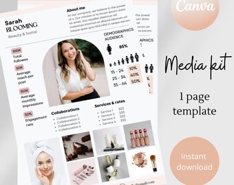 May include: A pink and white media kit template for a beauty and home business called "Sarah Blooming". The template includes a photo of the business owner, a breakdown of their social media statistics, a list of services and rates, and a section for collaborations. The template also includes a call to action to download the template.