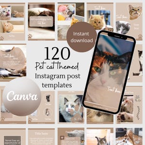 Puede incluir: Un conjunto de 120 plantillas de publicaciones de Instagram con temática de gatos. El diseño presenta varias imágenes de gatos, huellas de patas y cuadros de texto. Las plantillas están diseñadas para usar con Canva y están disponibles para descarga instantánea.