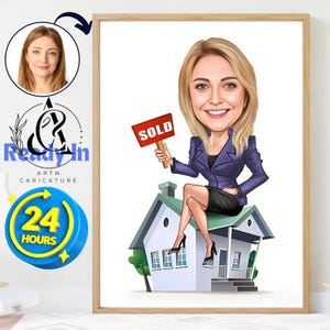 Personalized real-estate agent caricature art gift for her, cartoon from photo, Estate Agent Caricature Wall Art Gift for Him