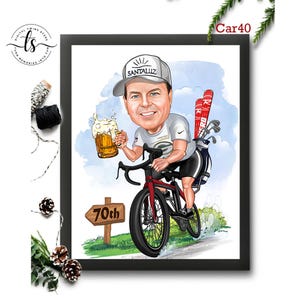 Retrato de desenho animado de ciclista personalizado, retrato de motociclista, ciclista com tacos de golfe, presente, caricatura de ciclista personalizada, caricatura de foto