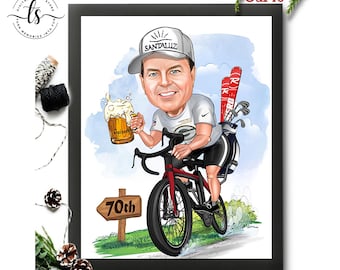 Personalized Cyclist Cartoon Portrait, Biker Portrait, Cyclist with golf sticks Gift, Custom Cyclist Caricature, Caricature from Photo