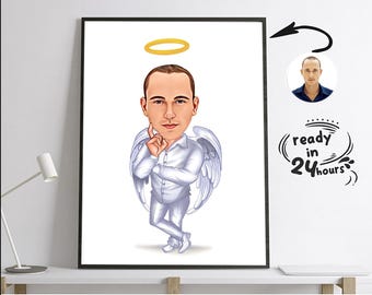 Personalized  Angel Cartoon Portrait, Angel Portrait, Gift for men, Angel Caricature, Funny Angel Caricature, Gift for the Angel