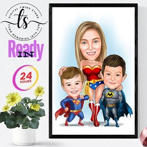 Custom Superhero Family Cartoon Portrait, Family Portrait, Family Gift, Super Family Caricature, Superhero Caricature, Caricature from Photo