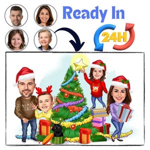 Caricatura di famiglia natalizia personalizzata, regalo d'arte per la famiglia, ritratto digitale, carta regalo, caricatura di famiglia unica, albero d'arte