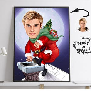 Ritratto di caricatura natalizia personalizzata di Babbo Natale, ritratto di cartone animato di Natale maschile, cartone animato divertente per le vacanze, caricatura natalizia da foto