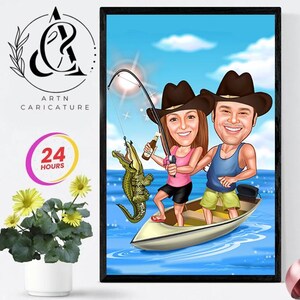 Benutzerdefinierte Fischer Paar Cartoon Porträt vom Foto, Fischer Paar Karikatur Porträt Zeichnung, lustiges Fischer Paar Geschenk, Fang Fisch Paar
