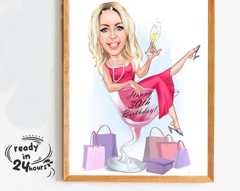 Customize 30th Birthday Caricature from Photos, Happy Birthday Girl Cartoon Portrait Gift, Women Happy 30th Birthday, Caricature from photo
