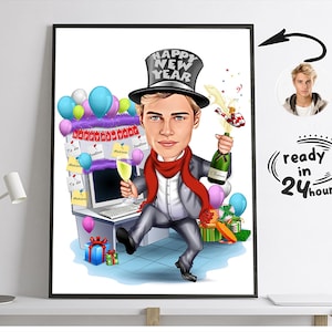 Arte de caricatura personalizada de feliz ano novo, cartão de feliz ano novo, ano novo de 2025, arte de caricatura engraçada de ano novo, caricatura de Natal personalizada