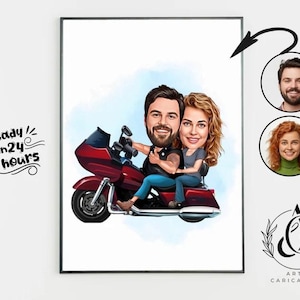 バイク乗りカップルのギフト、カスタムバイク乗りカップルの漫画ポートレート、バイカーカップルの似顔絵、バイク乗りカップルのポートレート