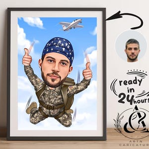 Personalized skydiving caricature art gift for him, skydiving cartoon portrait, Parachuting paragliding gift, Cartoon from photo