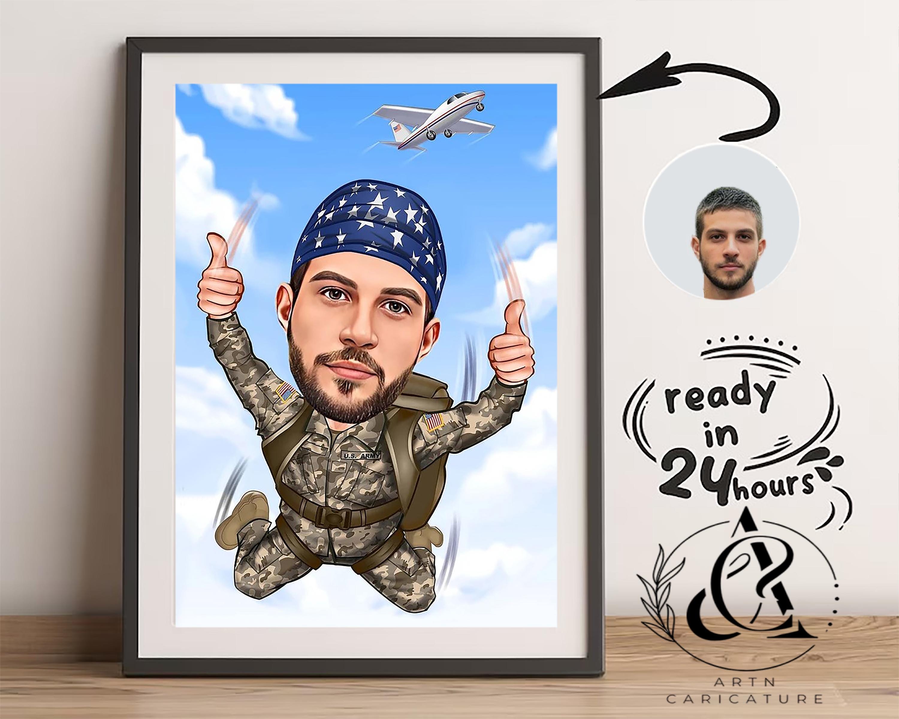 Personalized skydiving caricature art gift for him, skydiving cartoon portrait, Parachuting paragliding gift, Cartoon from photo