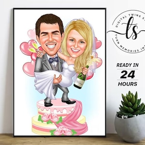 Retrato de desenho animado de casamento personalizado, retrato de caricatura de casal personalizado, presente para casal, retrato de caricatura de aniversário, desenho animado de casal