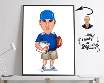 American Football Player caricature, Gift for Men, Football caricature, Footballer Caricature Gift, Rugby caricature, football coach gift