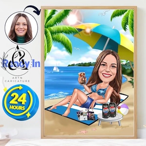 Spersonalizowany prezent dla niej w postaci karykatury z wakacji na plaży, do pobrania w wersji cyfrowej, prezent na plażę dla niej, prezent na emeryturę dla niej