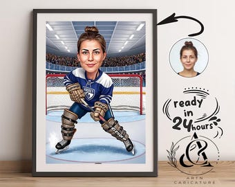 Personalized Hockey player caricature art gift for her, Ice hockey player gift cartoon portrait, cartoon from photo
