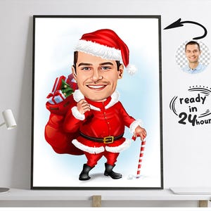 Ritratto di cartone animato di Natale, caricatura di Natale divertente, caricatura da foto, ritratto di Natale, caricatura personalizzata, cartone animato delle vacanze