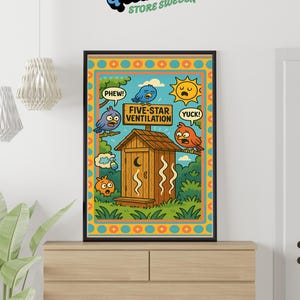 Funny Outhouse Bathroom Art – “Five-Star Ventilation” Rustic Cartoon Print – Digital Download Wall Decor for Bathroom Humor