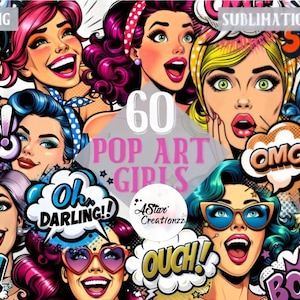 Retro Comic Pop Art Girls PNG Bundle: Clip Art, Sublimation (Digital Download)