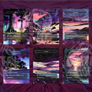 May include: A collection of ten fantasy landscape cards with various environments, including mountains, forests, and islands. Each card features unique artwork and text, with a color palette of purples, pinks, and blues. The cards are designed for a tabletop game.