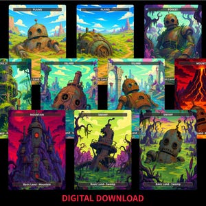 Può includere: Una collezione di carte d'arte fantasy con vari paesaggi e figure simili a robot. Le carte raffigurano scene come pianure, foreste, isole, montagne e paludi. Il testo "DIGITAL DOWNLOAD" è in basso.