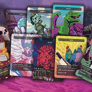 May include: A collection of fantasy-themed trading cards featuring various creatures and characters. The cards display vibrant illustrations of a bird, goblin, angel, beast, and more. Each card has a unique design and text, with a purple and pink background.