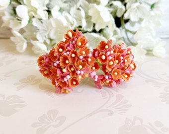 2 Bunches Persimmon Orange Vintage Style Velvet / Flocked Paper Forget Me Nots Millinery Flowers Retro Kitsch