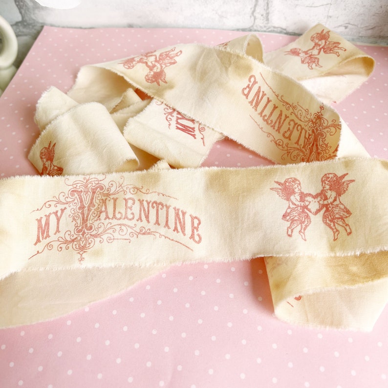 2 1/4 Yards 81 Hand Stamped Antique Red Be My Valentine Coffee Tea Stained Handmade Muslin Ribbon Bee Aged Vintage Valentine's Day image 1