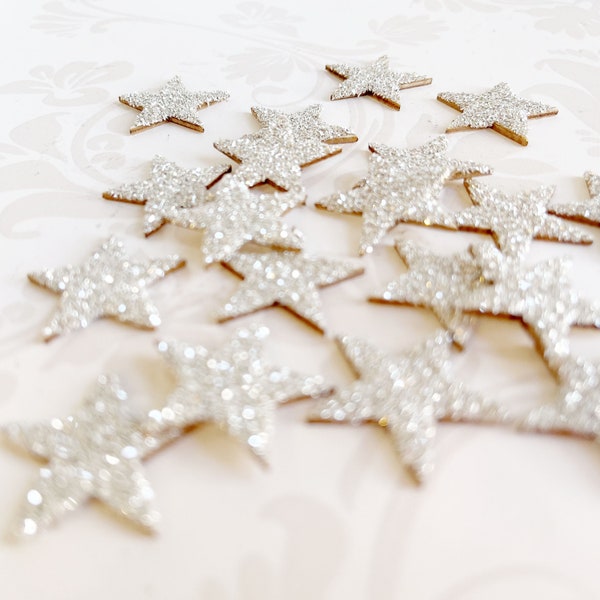 Gorgeous Sparkling Vintage Style Silver German Glass Glittered 1" Small Wood Stars for Embellishing Your Projects Qty of 10, 15 or 20