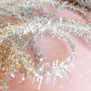 5 Yards Glittery Vintage Style 1/2&quot; SILVER Tinsel Garland Trim Ribbon Twine 15 Feet Miniature for Doll House Crafting Journaling