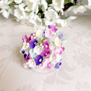 French Macarons Vintage Style Velvet / Flocked Paper Forget Me Nots Millinery Flowers Retro Kitsch Pink Aqua Purple Yellow
