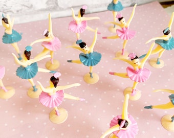 6 Vintage Style Pink & Aqua Blue Ballerina Cupcake Toppers