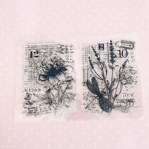 Set di 2 timbri in gomma trasparenti in silicone botanici ed effimeri da 4" x 6" Peonia Lavanda francese Numeri Ledger Libellula Francobolli postali Primavera