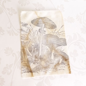 Qty of 5 4&quot; x 6&quot; Hand Stamped Mushroom Forest Coffee Tea Stained Handmade Muslin Image Quilt Square Ribbon Aged Distressed Vintage