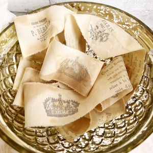 2 1/4 Yards (81") Hand Stamped Antique French Book Page Crown Paris Roses Coffee Tea Stained Handmade Muslin Ribbon Aged Distressed Vintage