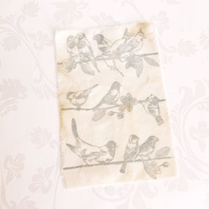 Qty of 5 4&quot; x 6&quot; Hand Stamped Birds on Branches Coffee Tea Stained Handmade Muslin Image Quilt Square Ribbon Aged Distressed Vintage Antique