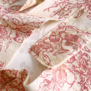 2 1/4 Yards (81&quot;) Hand Stamped Red French Country Rose Toile Coffee Tea Stained Handmade Muslin Ribbon Aged Vintage Aged Valentine&#39;s Day