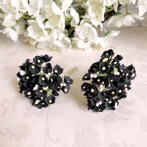 2 Bunches Black Licorice Vintage Style Velvet / Flocked Paper Forget Me Nots Millinery Flowers Retro Kitsch Pink Yellow