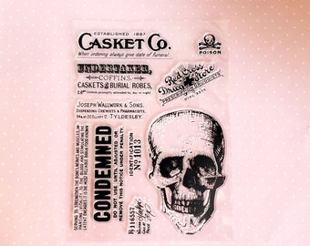 8" x 6" Silicone Clear Skull & Casket Co. Rubber Stamp SET Condemned Red Cross Drugstore Poison Rx Label Undertaker Halloween Pharmacist