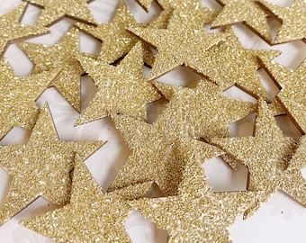 Gorgeous Sparkling Vintage Style Gold German Glass Glittered 2" Large Wood Stars for Embellishing Your Projects Qty of 5 10 15 or 20