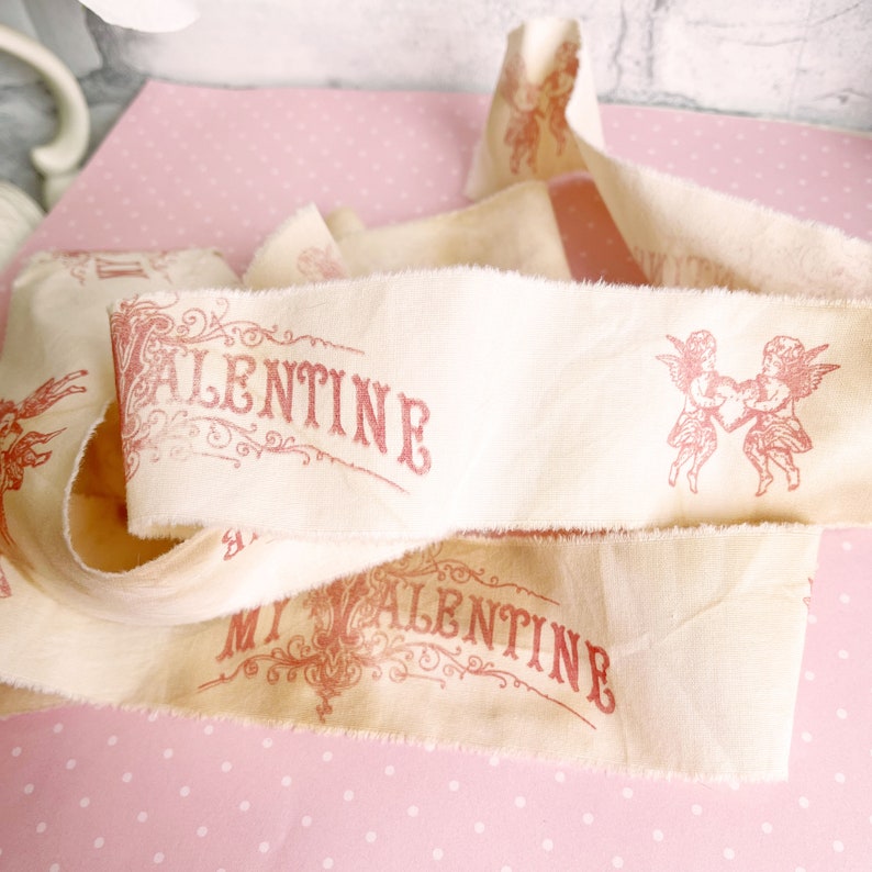 2 1/4 Yards 81 Hand Stamped Antique Red Be My Valentine Coffee Tea Stained Handmade Muslin Ribbon Bee Aged Vintage Valentine's Day image 6