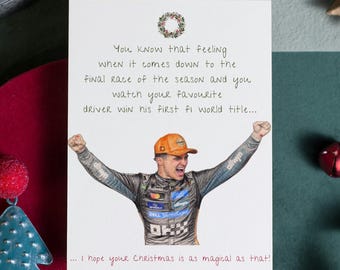 Tarjeta de felicitación de Fórmula 1 para Navidad: tarjeta inspirada en el campeón del mundo.