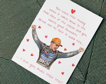 Tarjeta de felicitación de Fórmula 1 para San Valentín, aniversario y cumpleaños: Los sentimientos del campeón mundial inspiraron a Lando Norris.