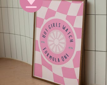 Impresión rosa de Fórmula 1: Chicas atractivas ven la F1, decoración de automovilismo (descarga digital)