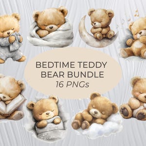Watercolor Teddy Bear Clipart, Sleeping Teddy Bears, Baby Shower Clipart, Boho Teddy Bear Clipart, Cute Teddy Bear Moon, Cloud, Bear PNG, TB