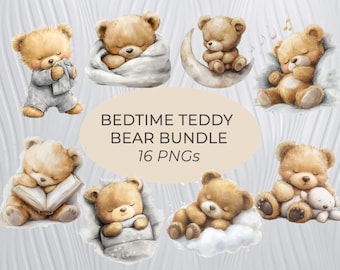 Clipart de urso de pelúcia aquarela, ursos de pelúcia dormindo, clipart de chá de bebê, clipart de urso de pelúcia boho, lua de urso de pelúcia fofo, nuvem, urso PNG, TB