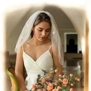 Pink Heart Bridal Veil with Comb • Short Tulle Wedding Veil • Romantic Veil for Bride, Shower, Bachelorette or Engagement Party
