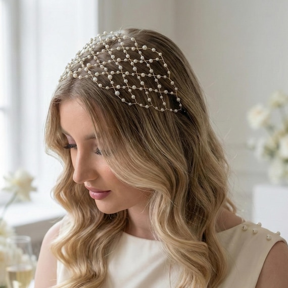 Pearl Net Headpiece • Handmade Pearl Cage Hair Accessory  display picture 1