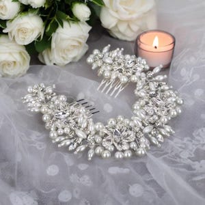 Bridal Hair Comb with Pearls & Crystals • Handmade Silver Headpiece for Bride • Elegant Wedding Hair Accessory or Tiara