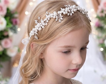 Flower Girl Tiara with Pearls and Crystals, Kids Wedding Headband with Ribbon, Junior Bridesmaid Hair Accessory, First Communion Crown
