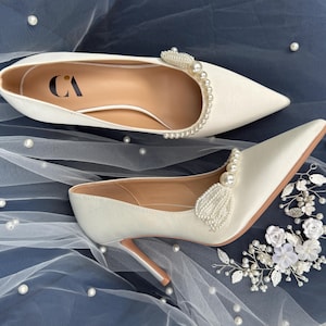 White & Black Stiletto Heels – Size 7 (37) – Pearl Embellished Satin Pumps – Pointed Toe Bridal and Event Shoes – 3.15&quot; Heel – Ready to Ship